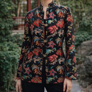 Silk Blend Asian Floral Statement Jacket Mandarin Collar Boho Evening Sz L NWT